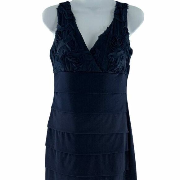 En Focus Studio Dress Womens Size 6 Navy Blue Ruffles Floral Sleeveless Cocktail - Picture 2 of 6